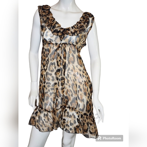 Cheetah Leopard Ruffle Baby Doll Sheer Romantic Nighty Nightgown Sexy Adorable - Picture 9 of 15